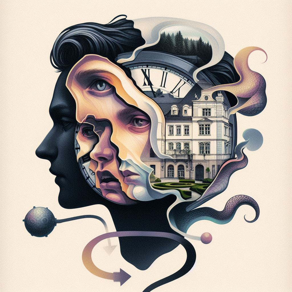 A fractured, many-faced portrait containing a mansion, monumental clock, forest, serpentine forms, and circular arrows of recurrence.