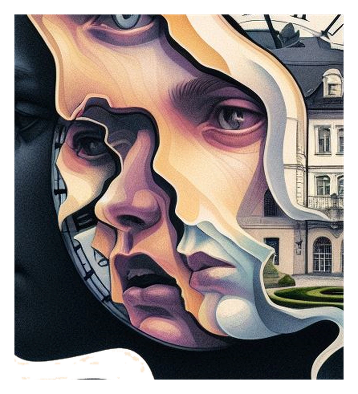 Nested face fragment representing fiction, identity, and competing versions.