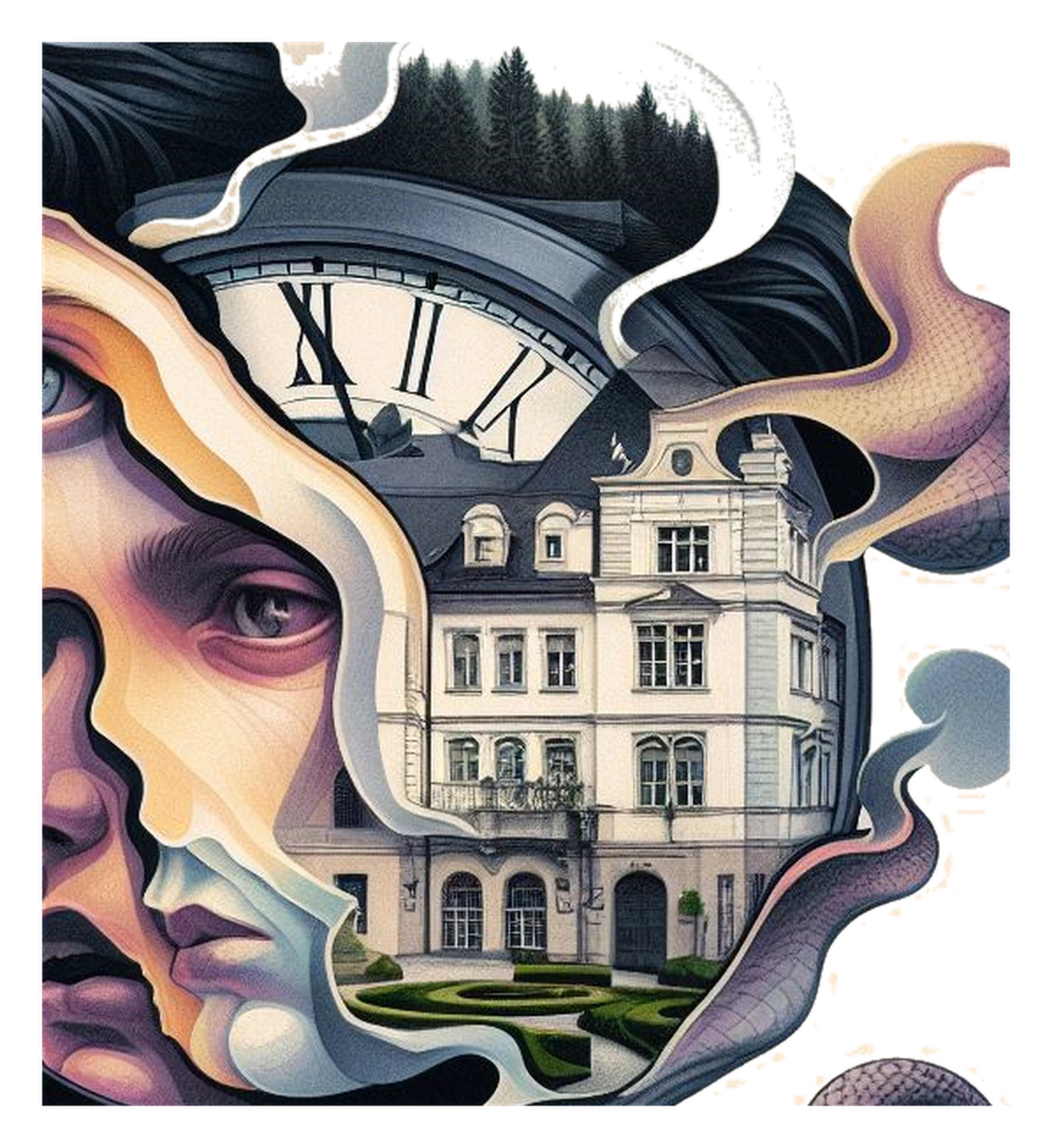 The mansion and monumental clock from the many-faced emblem, isolated inside a field joining 1927 and 2027.