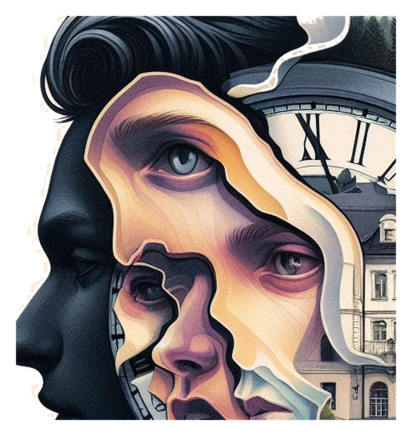 The eye and nested faces from the many-faced emblem, isolated inside an orbital and matrix field.