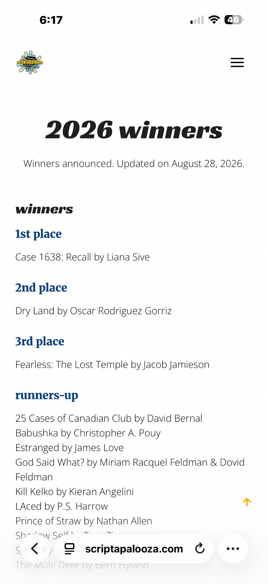 Archived Scriptapalooza 2026 winners page. Under 1st place: Case 1638: Recall by Liana Sive. The page says updated August 28, 2026.